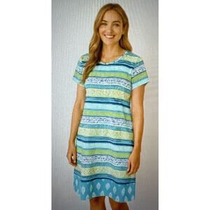 Lands End Womens Cotton Jersey Midi T Shirt Dress Floral Stripe Size XL Large